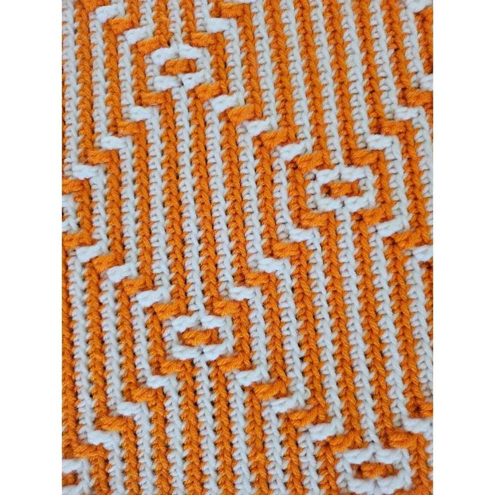 Vintage Handmade Crochet Afghan Orange White Geometric Mosaic Fringe 67x46 - Picture 3 of 6